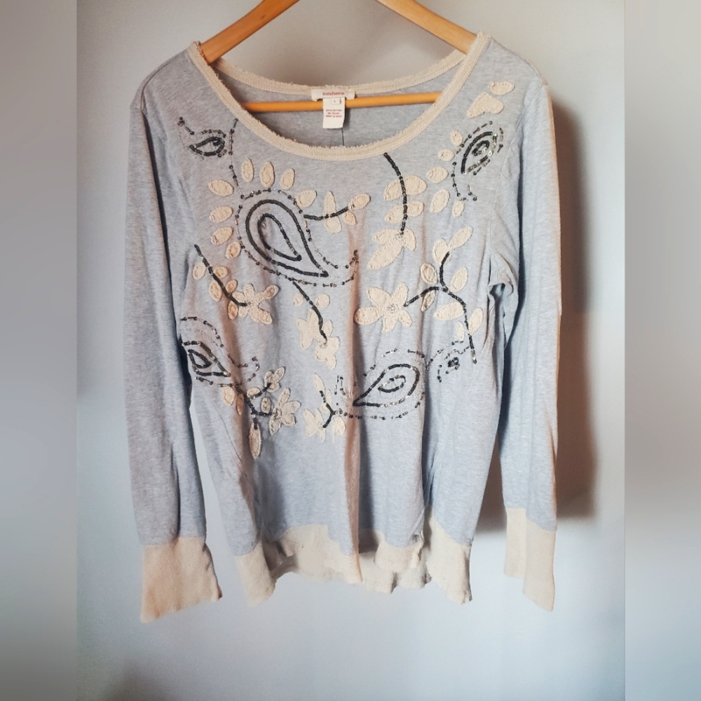 SUNDANCE Gray Embroidered Paisley  Patchwork Boho Raw Hem Long Sleeve - Large